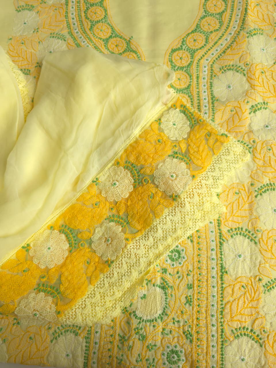 Yellow premium cotton full set with contrast chikankari and desinger dupatta