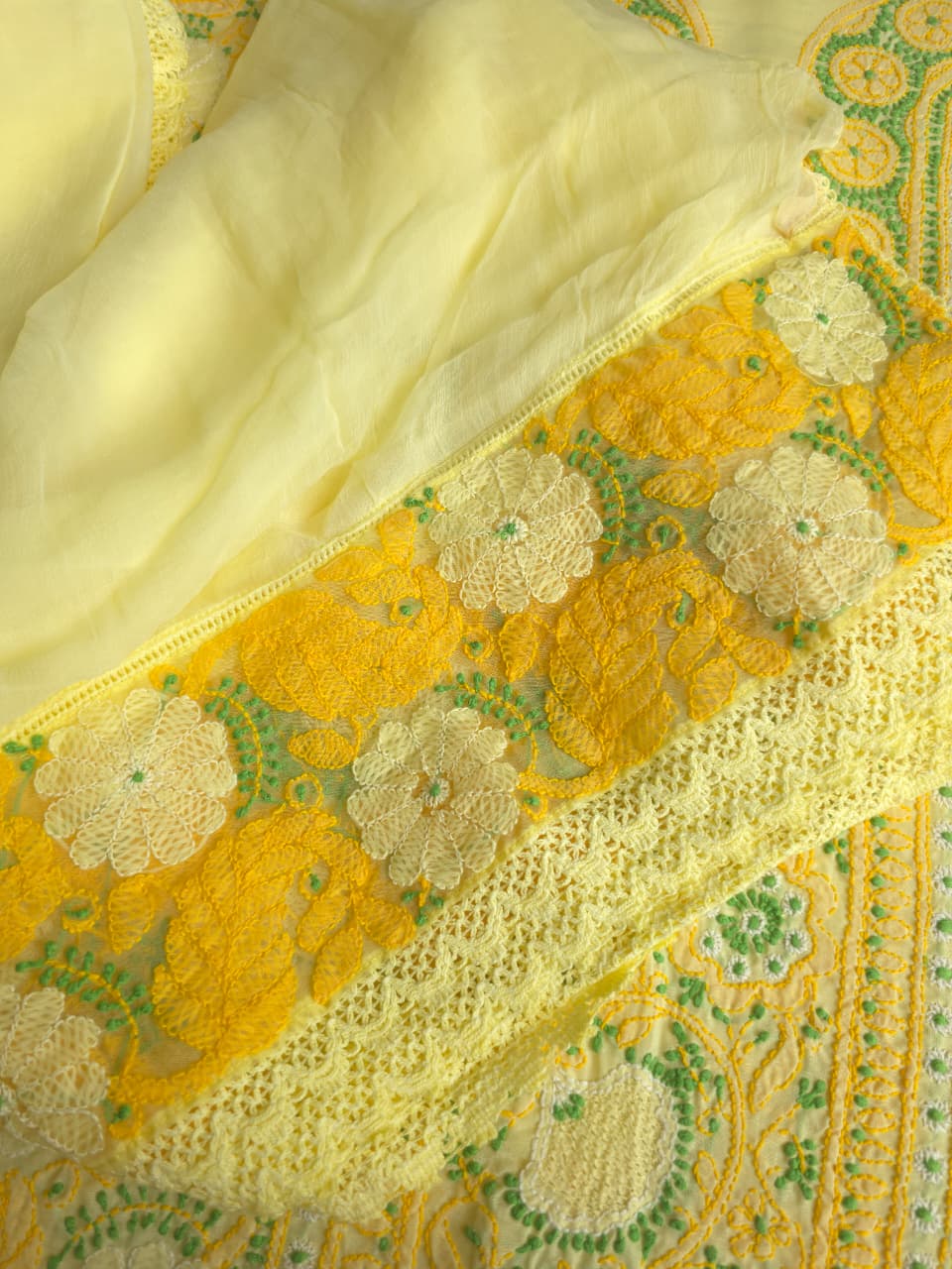Yellow premium cotton full set with contrast chikankari and desinger dupatta
