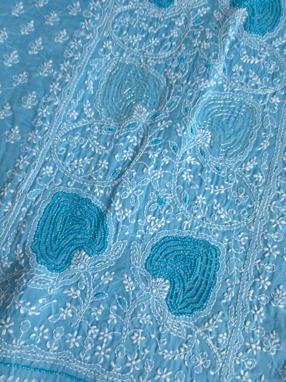 Blue Cotton full set with fine chikankari and heavy embellishments