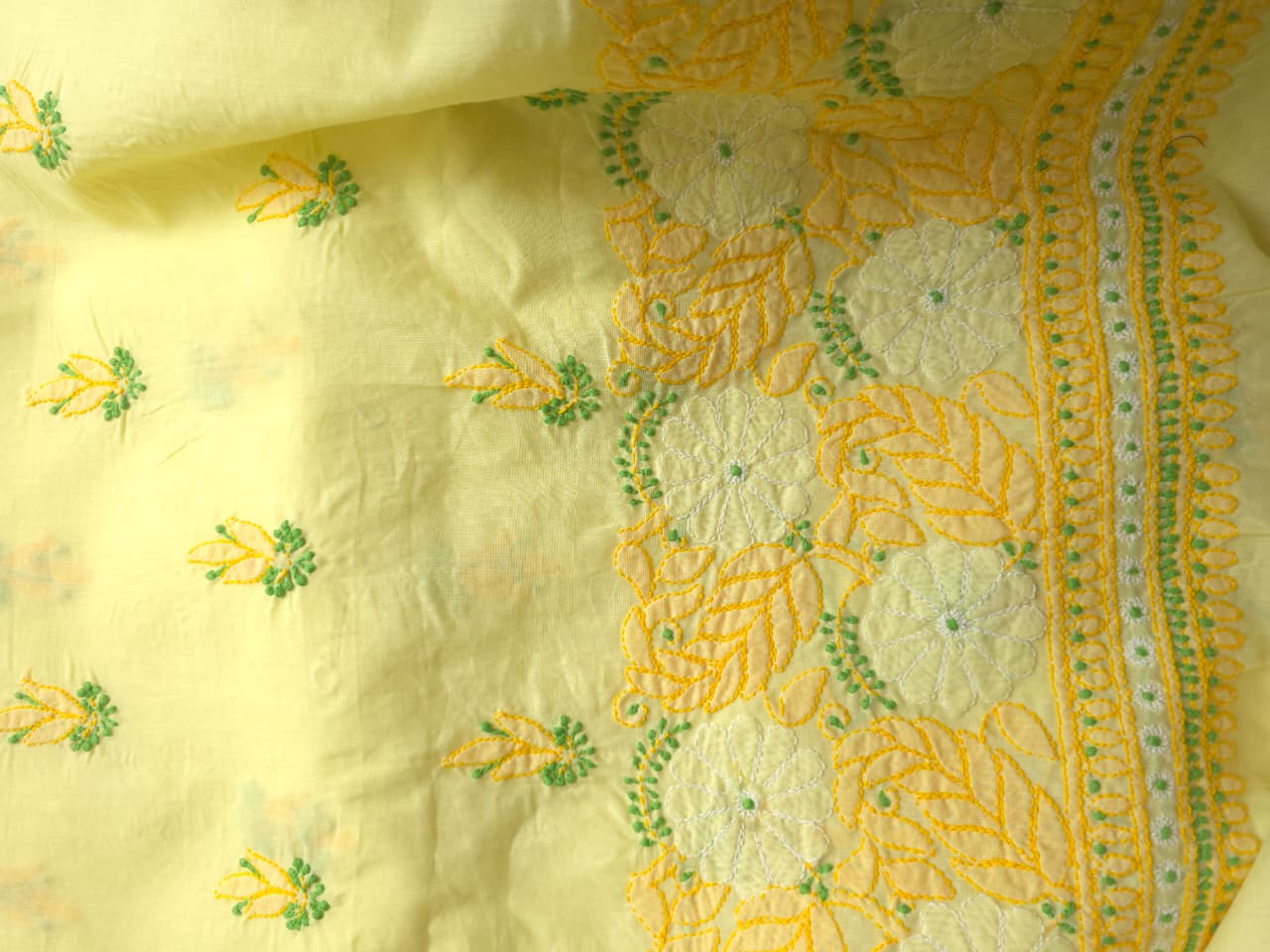 Yellow premium cotton full set with contrast chikankari and desinger dupatta