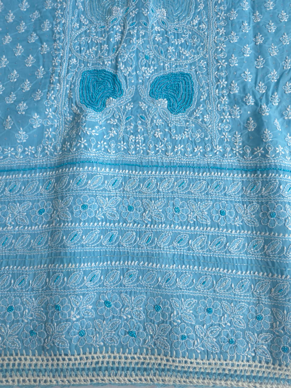 Blue Cotton full set with fine chikankari and heavy embellishments