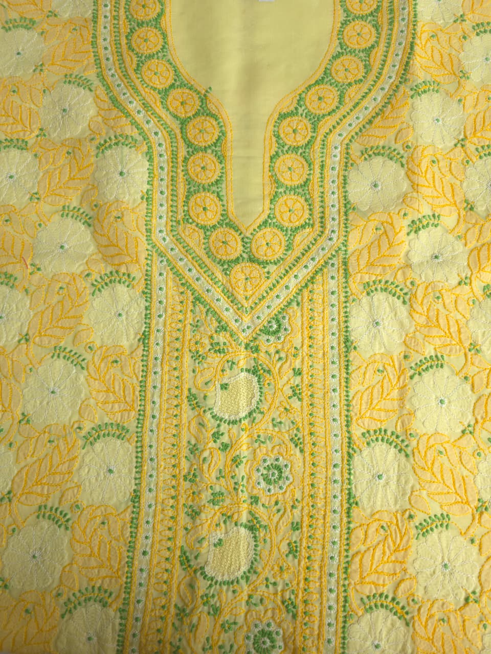Yellow premium cotton full set with contrast chikankari and desinger dupatta