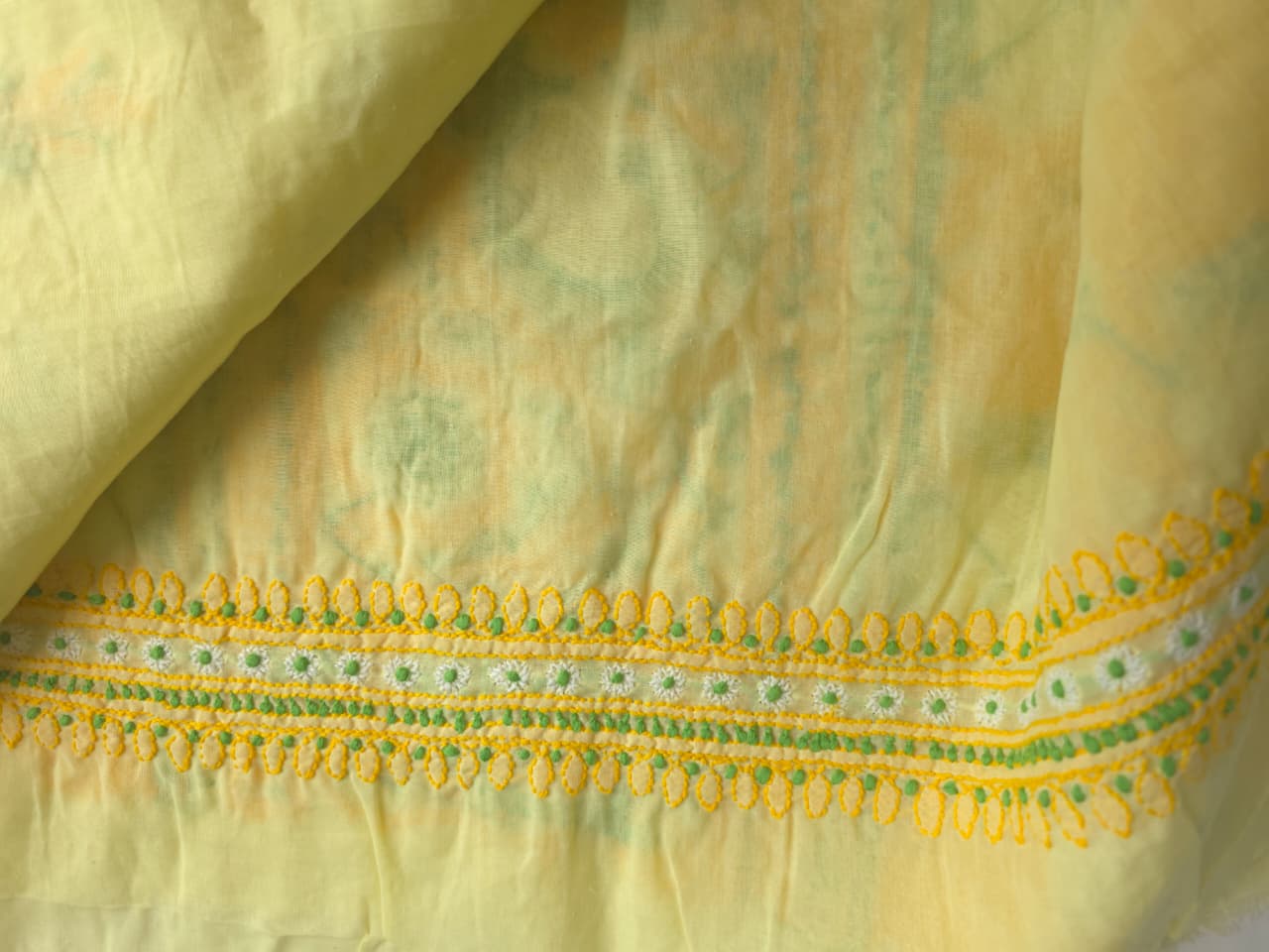 Yellow premium cotton full set with contrast chikankari and desinger dupatta
