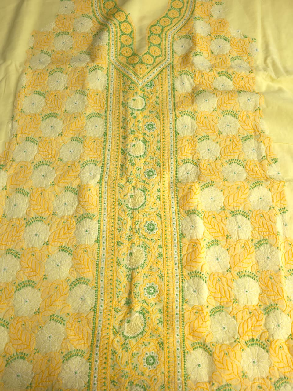 Yellow premium cotton full set with contrast chikankari and desinger dupatta