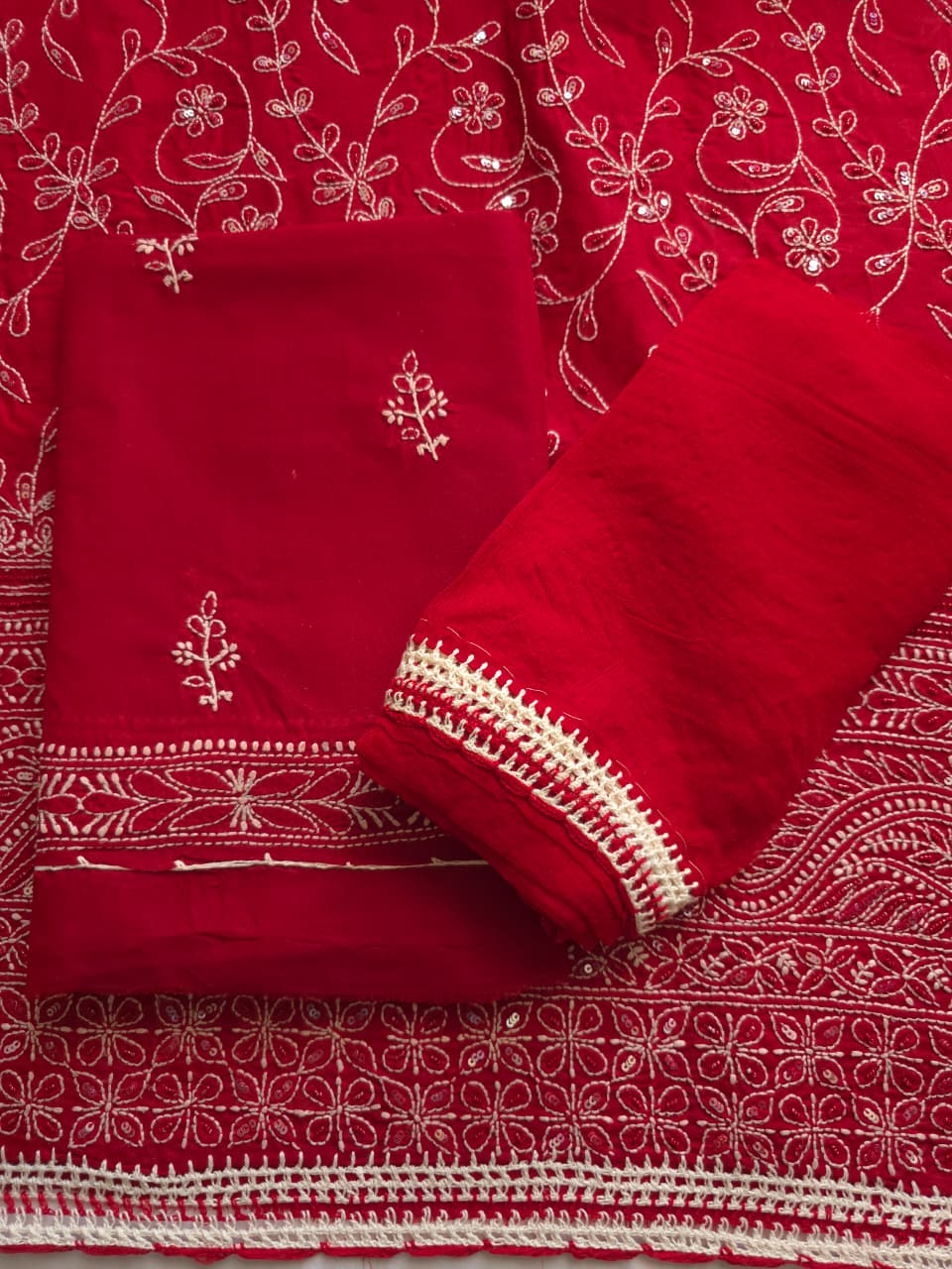 Deep Blood Red cotton full set with sequins work