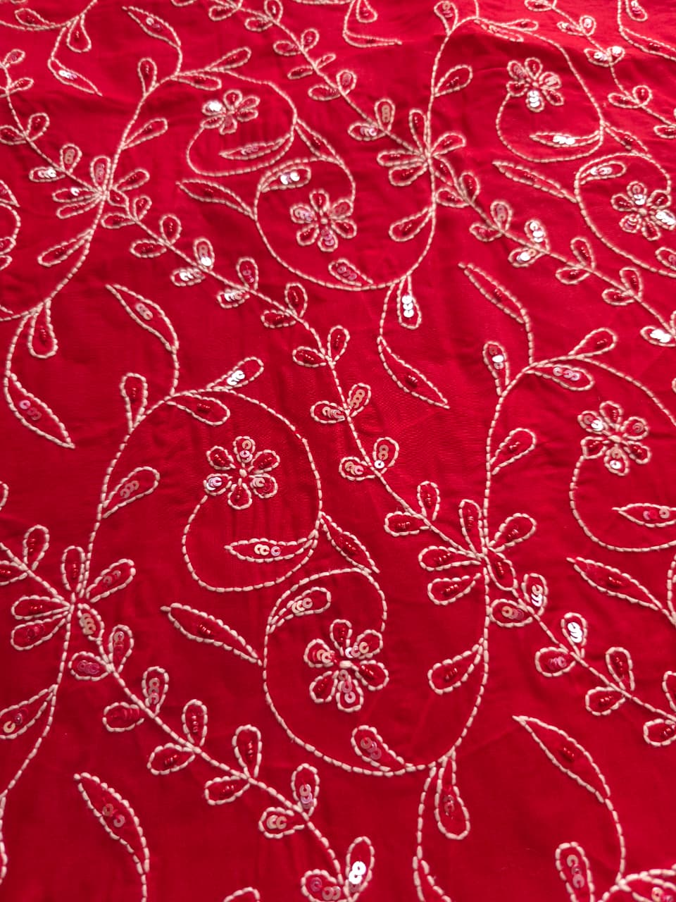Deep Blood Red cotton full set with sequins work