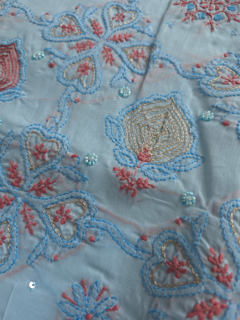 Powder blue full set with contrast work and embellishments