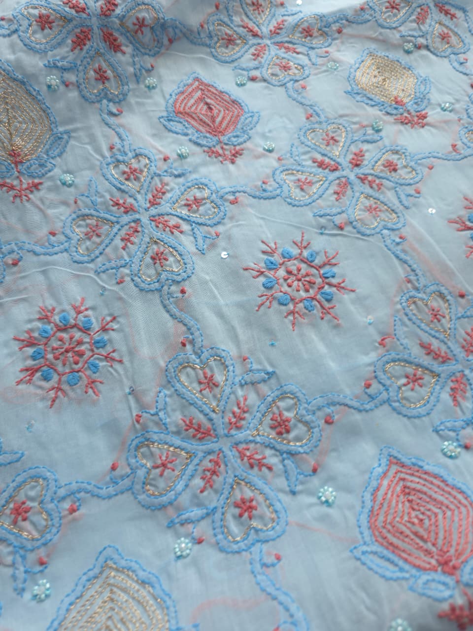 Powder blue full set with contrast work and embellishments