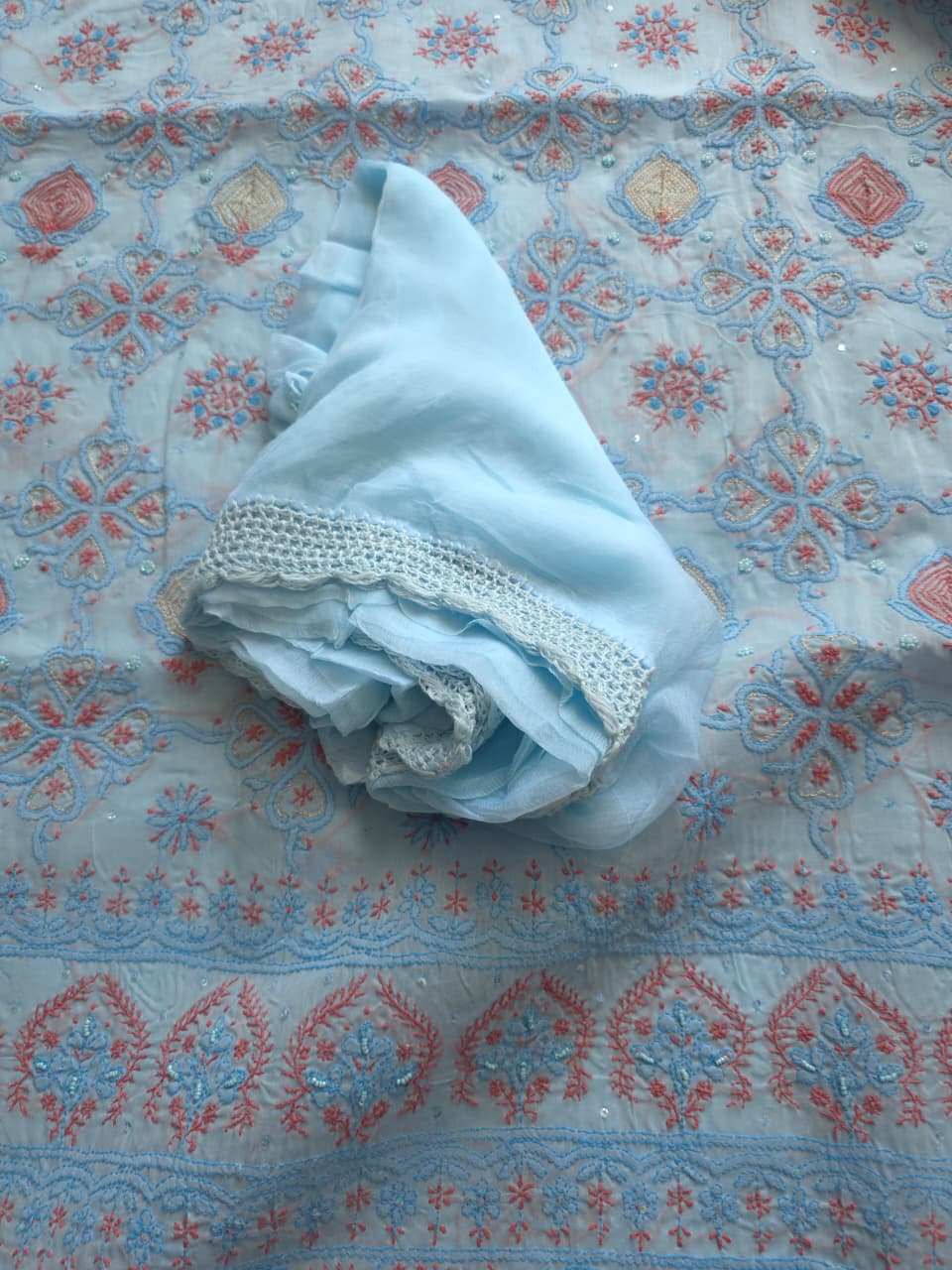 Powder blue full set with contrast work and embellishments