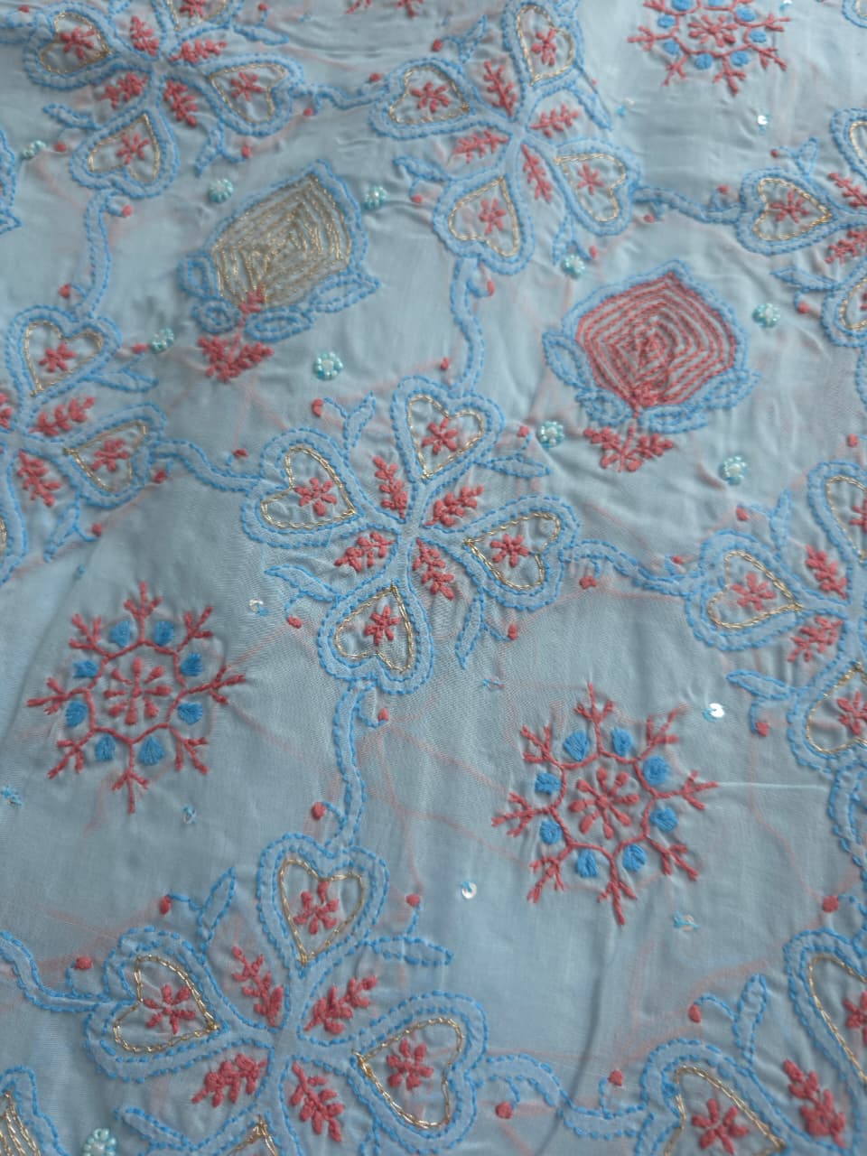 Powder blue full set with contrast work and embellishments