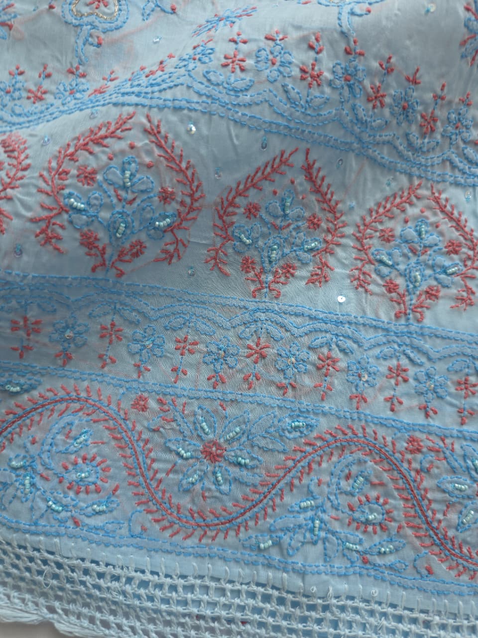 Powder blue full set with contrast work and embellishments
