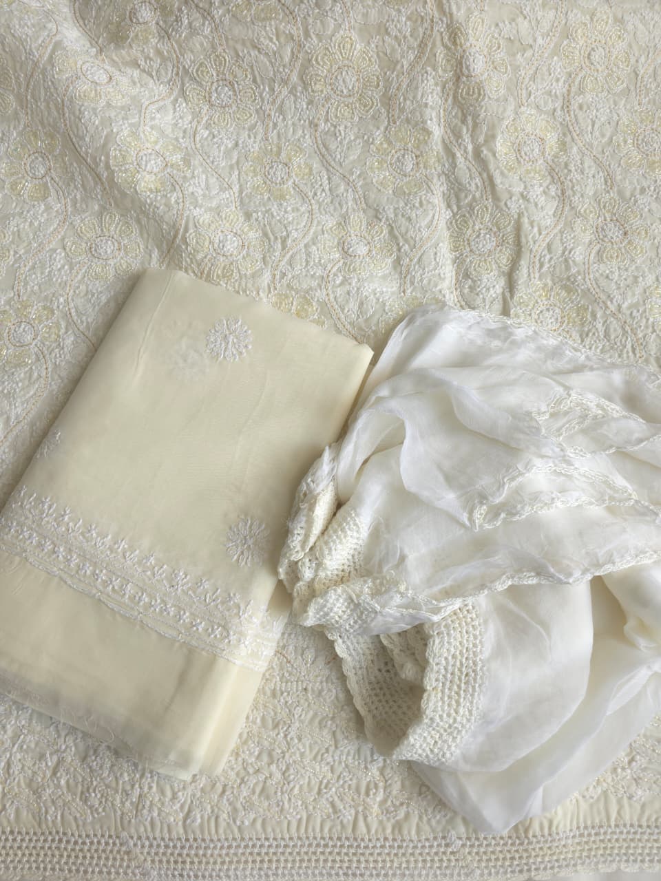 Cream color cotton full suit with fine chikankari and embellishments