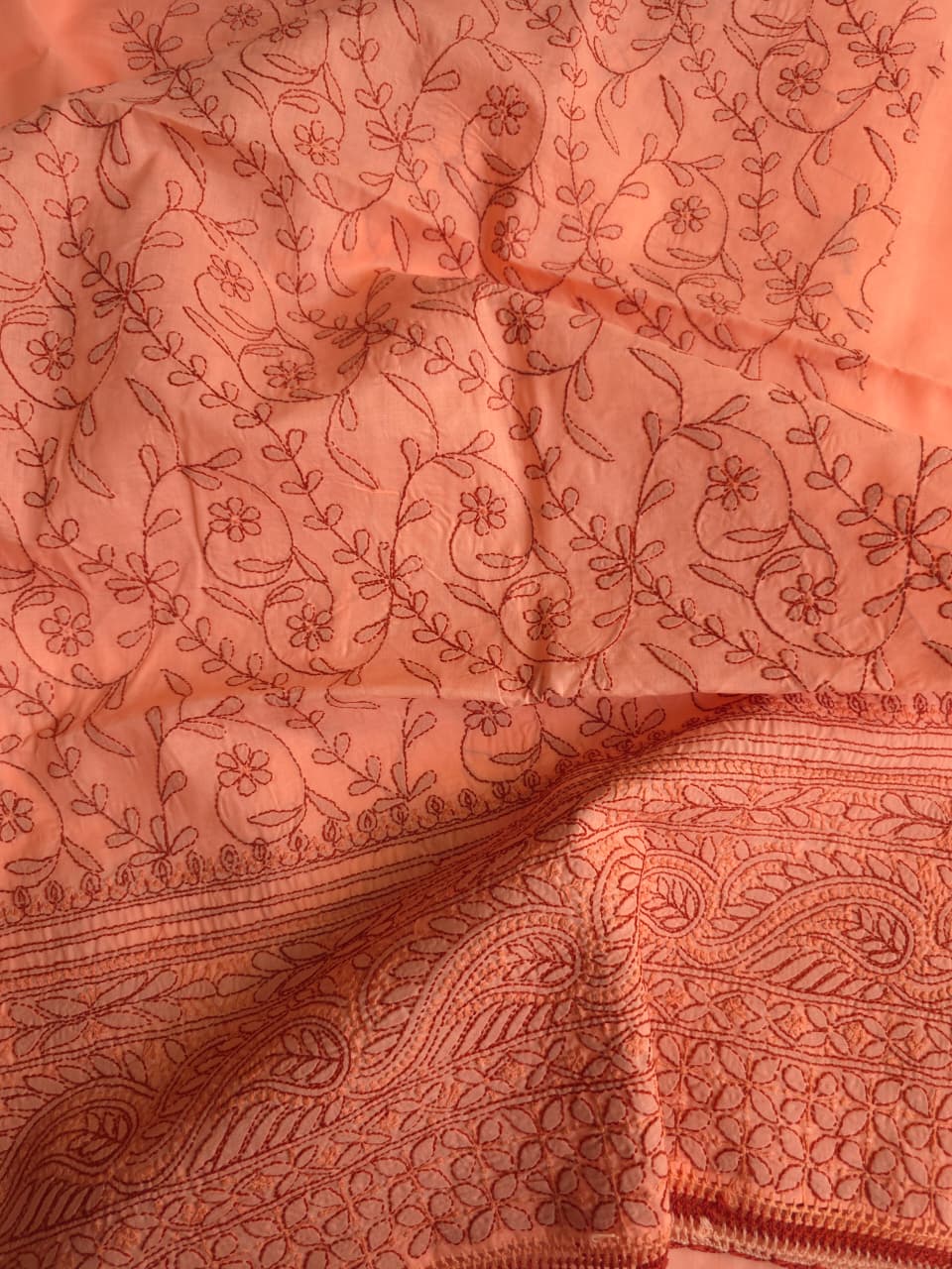 Orange Rust combination cotton full set with fine chikankari
