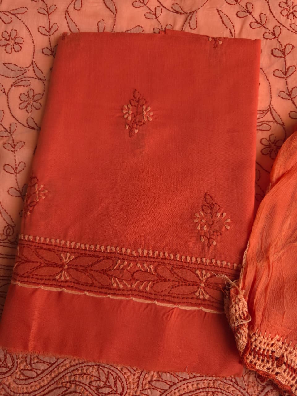 Orange  Rust combination cotton full set with fine chikankari