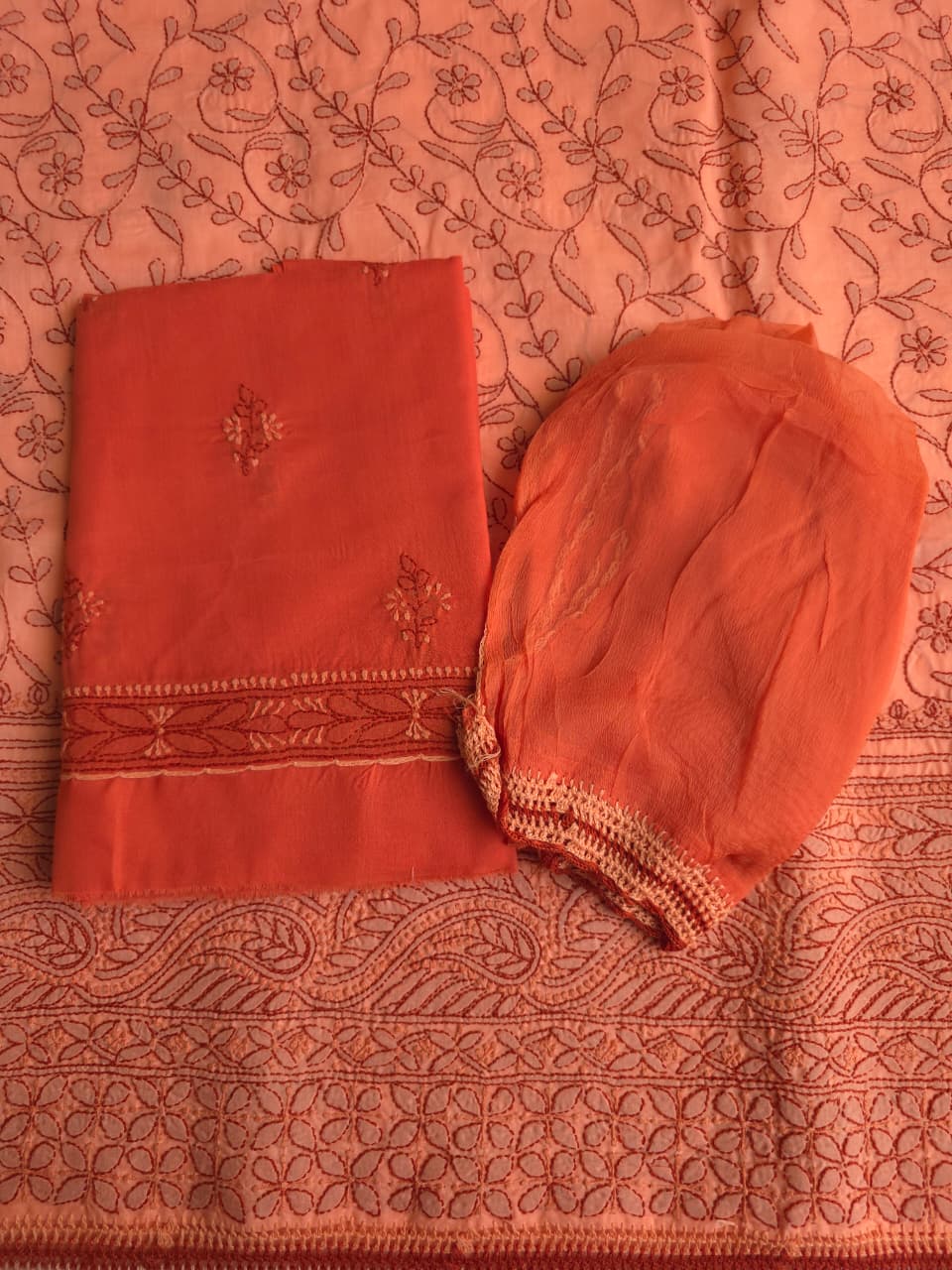 Orange  Rust combination cotton full set with fine chikankari