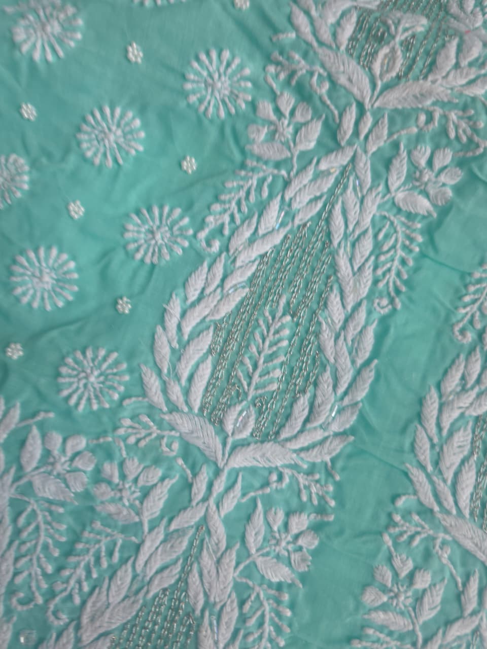 Sea Green Cotton Full set with handwork chikankari and add on
