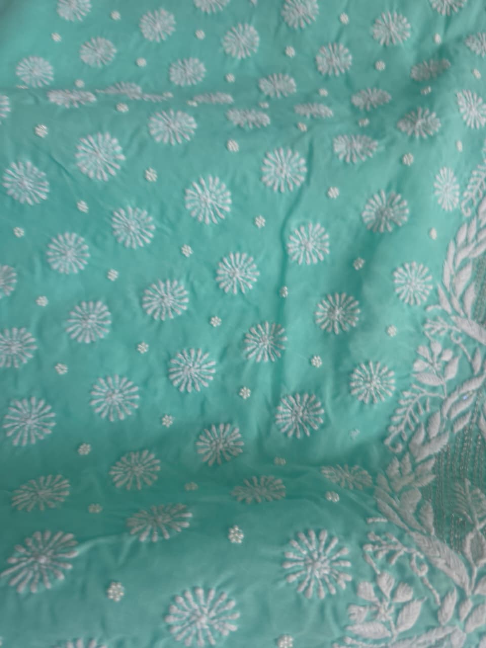 Sea Green Cotton Full set with handwork chikankari and add on