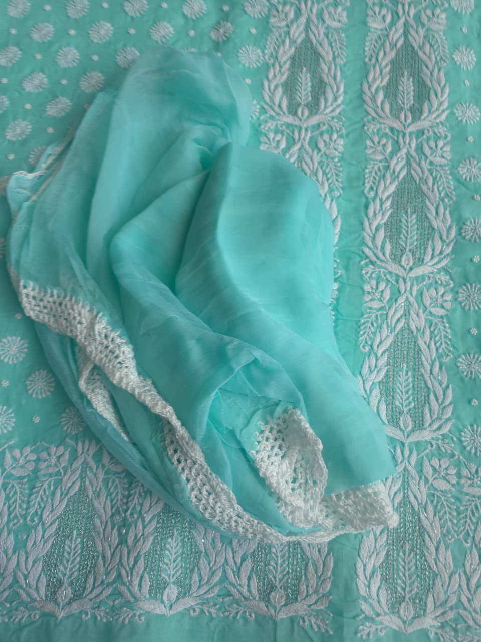 Sea Green Cotton Full set with handwork chikankari and add on