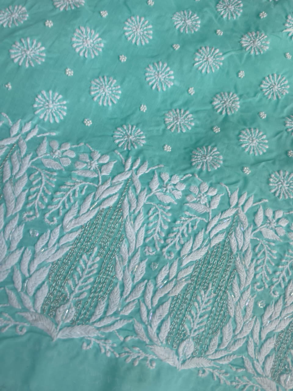 Sea Green Cotton Full set with handwork chikankari and add on