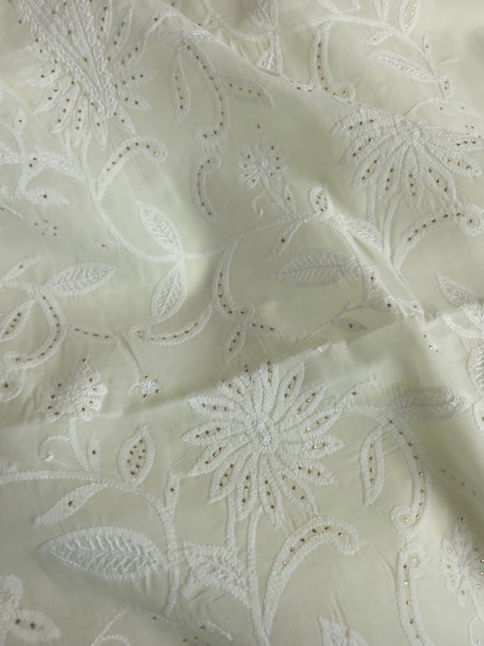 Creamy off white cotton full set with fine chikankari and Mukaish