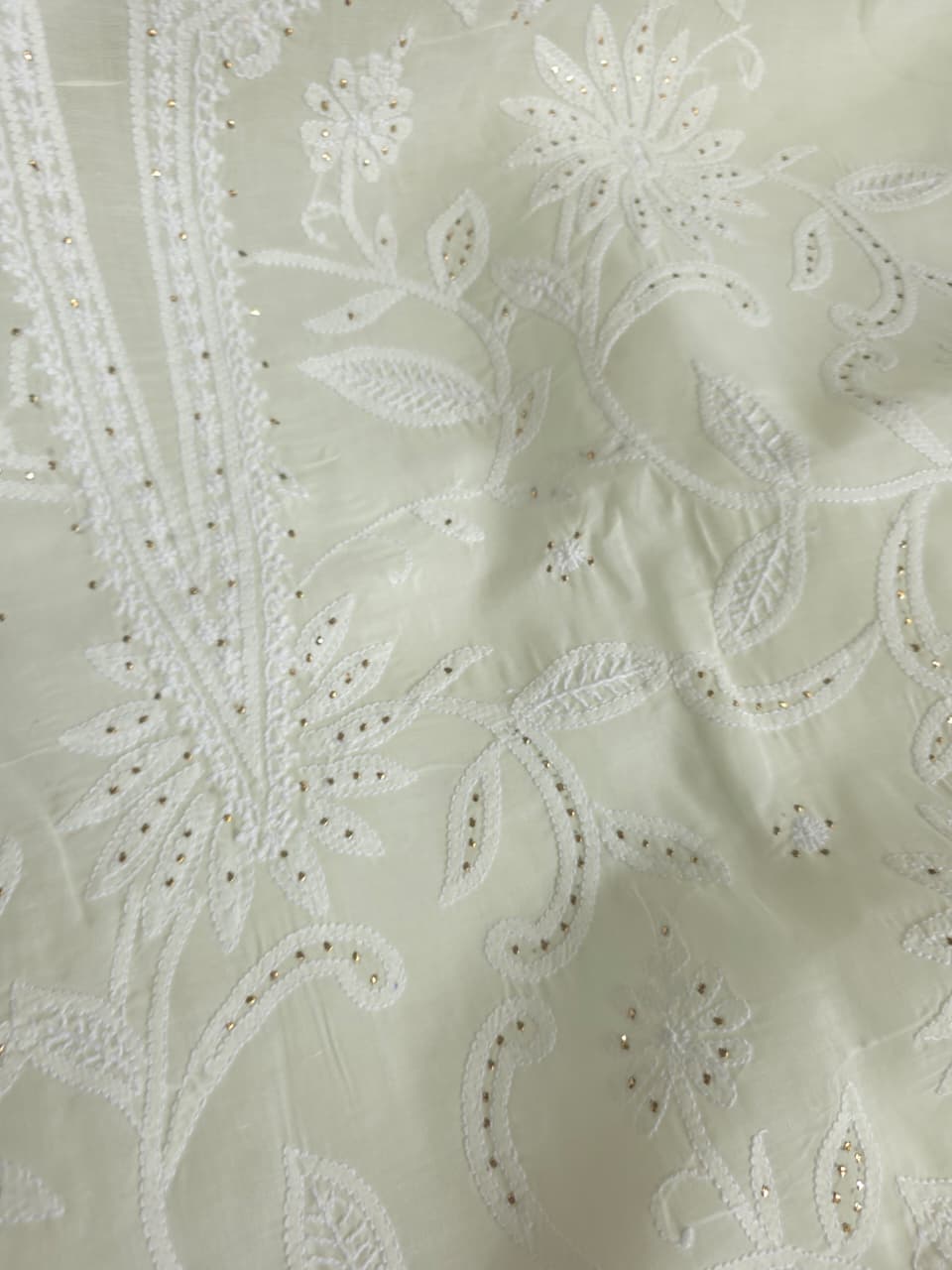 Creamy off white cotton full set with fine chikankari and Mukaish