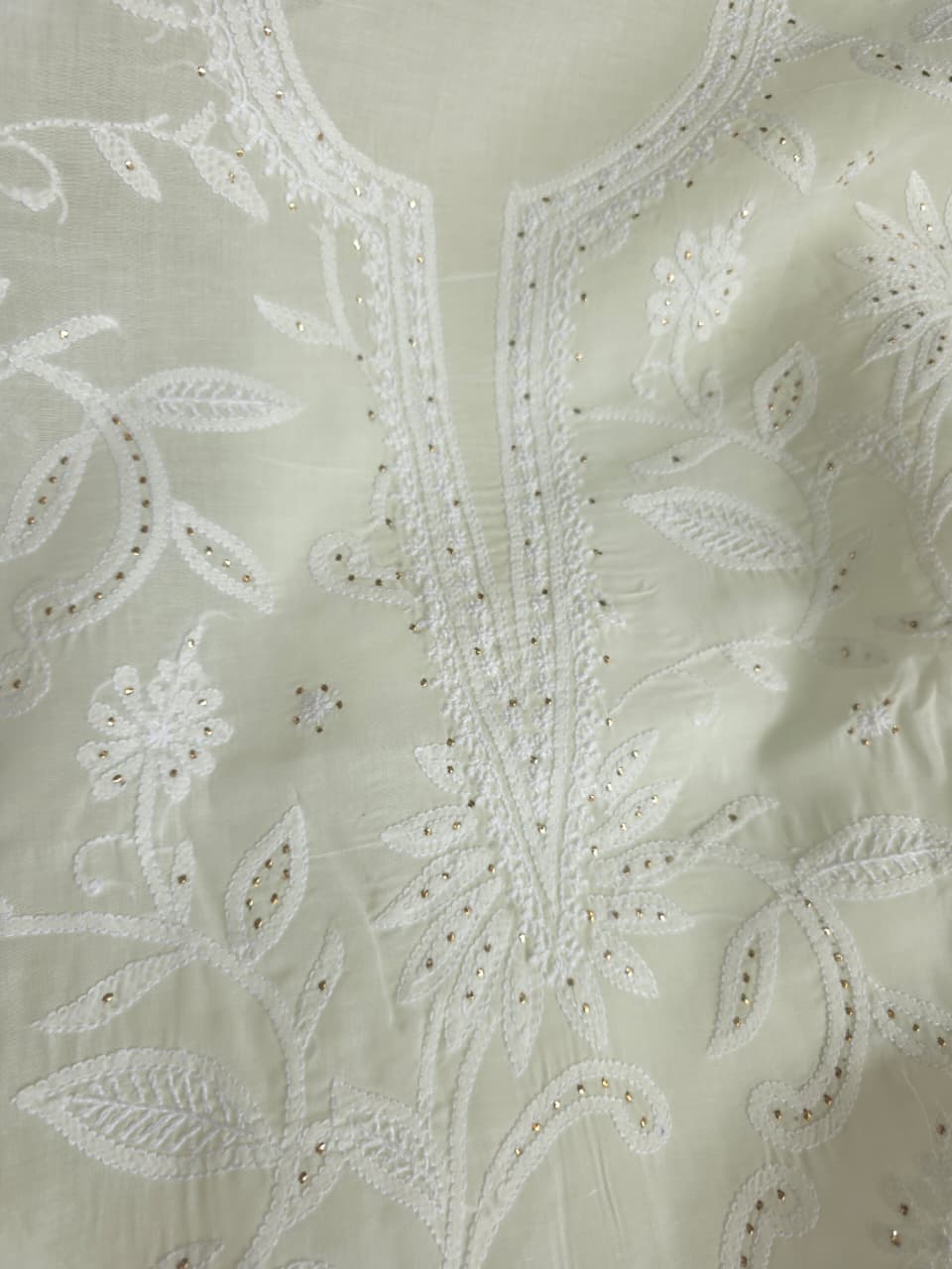 Creamy off white cotton full set with fine chikankari and Mukaish