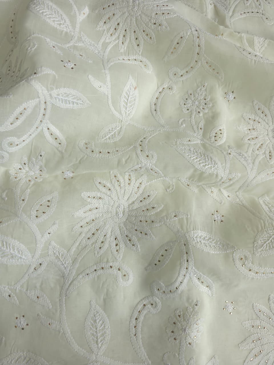 Creamy off white cotton full set with fine chikankari and Mukaish