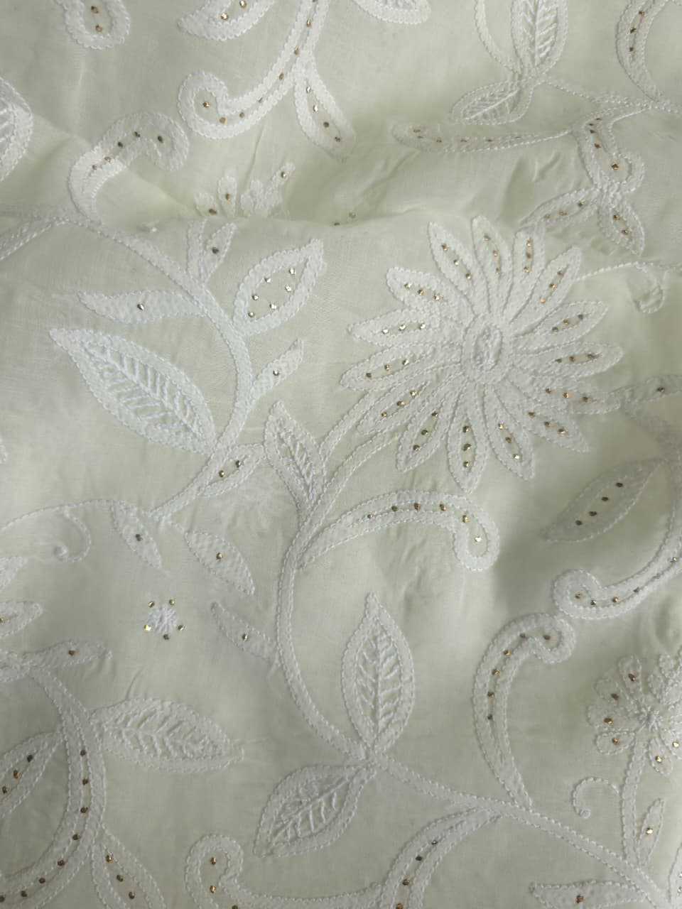 Creamy off white cotton full set with fine chikankari and Mukaish