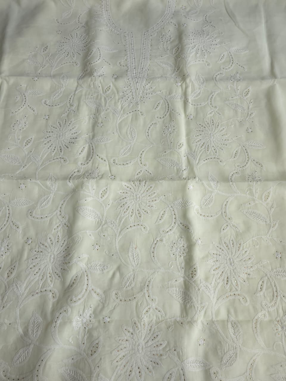 Creamy off white cotton full set with fine chikankari and Mukaish