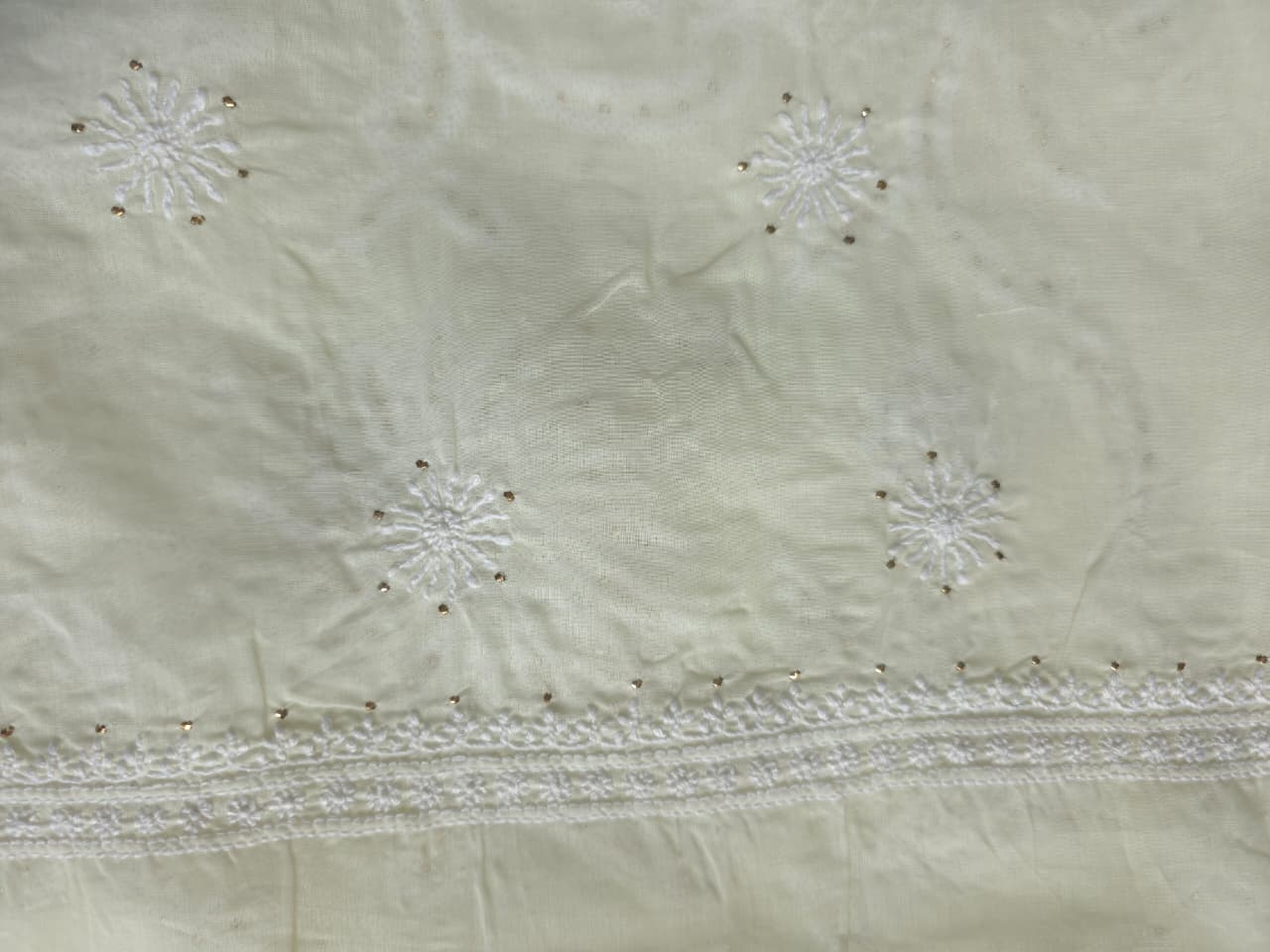 Creamy off white cotton full set with fine chikankari and Mukaish