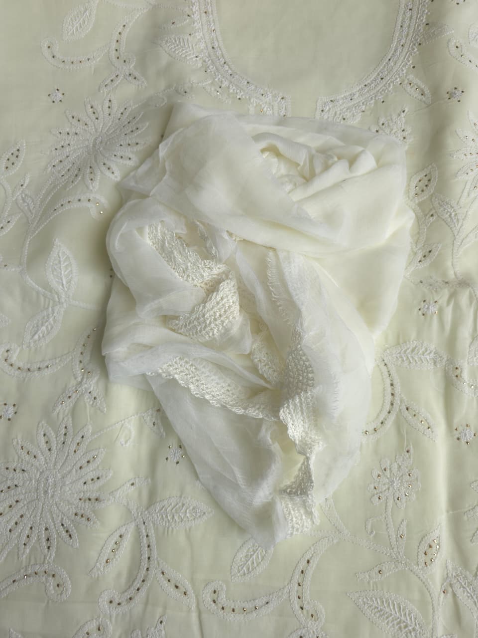 Creamy off white cotton full set with fine chikankari and Mukaish