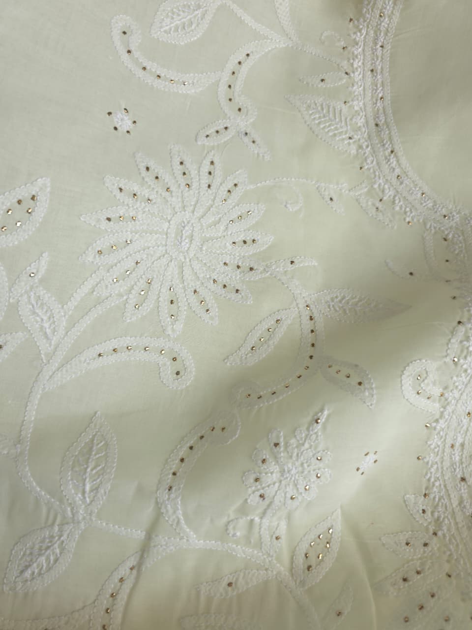 Creamy off white cotton full set with fine chikankari and Mukaish