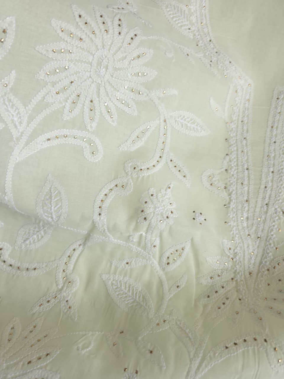 Creamy off white cotton full set with fine chikankari and Mukaish