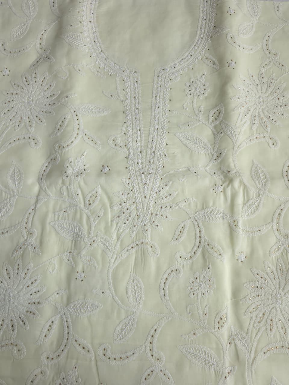 Creamy off white cotton full set with fine chikankari and Mukaish