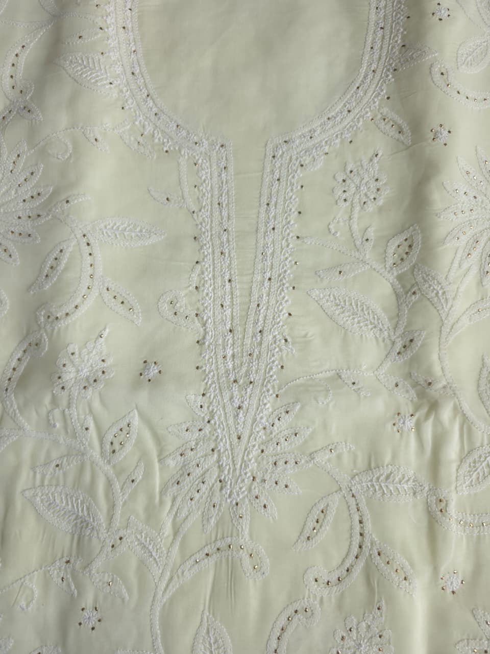 Creamy off white cotton full set with fine chikankari and Mukaish