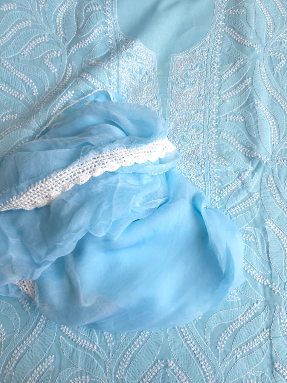 Sky Blue cotton full set with finest handwork