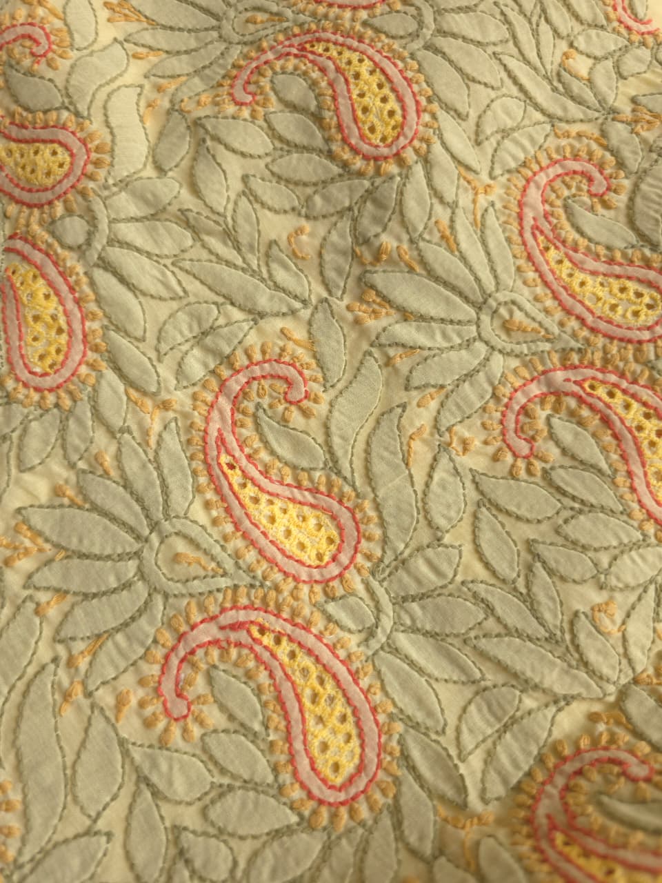 Beige Color cotton designer Suit with contrast chikankri