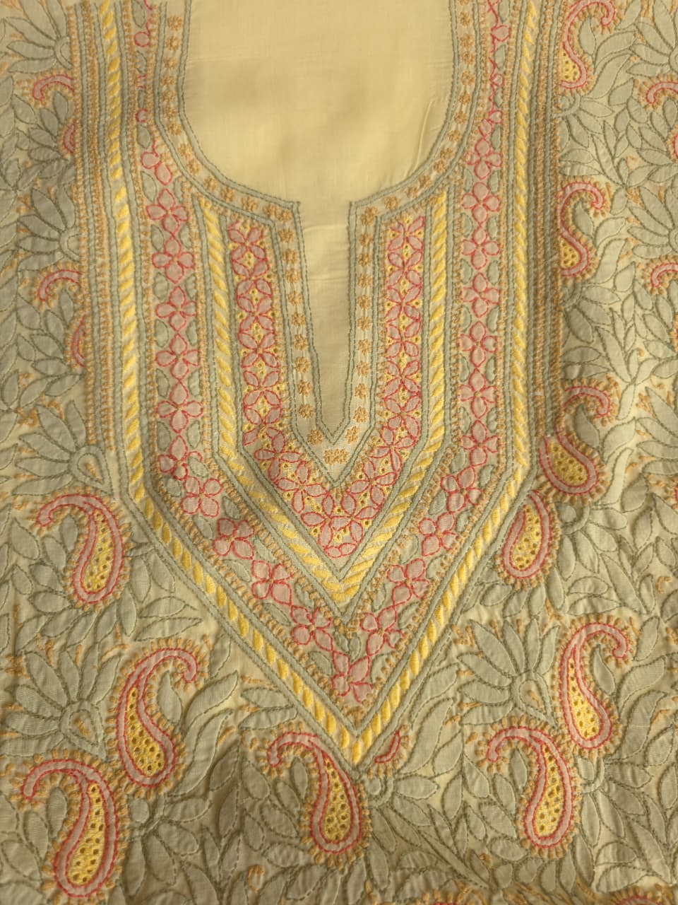 Beige Color cotton designer Suit with contrast chikankri