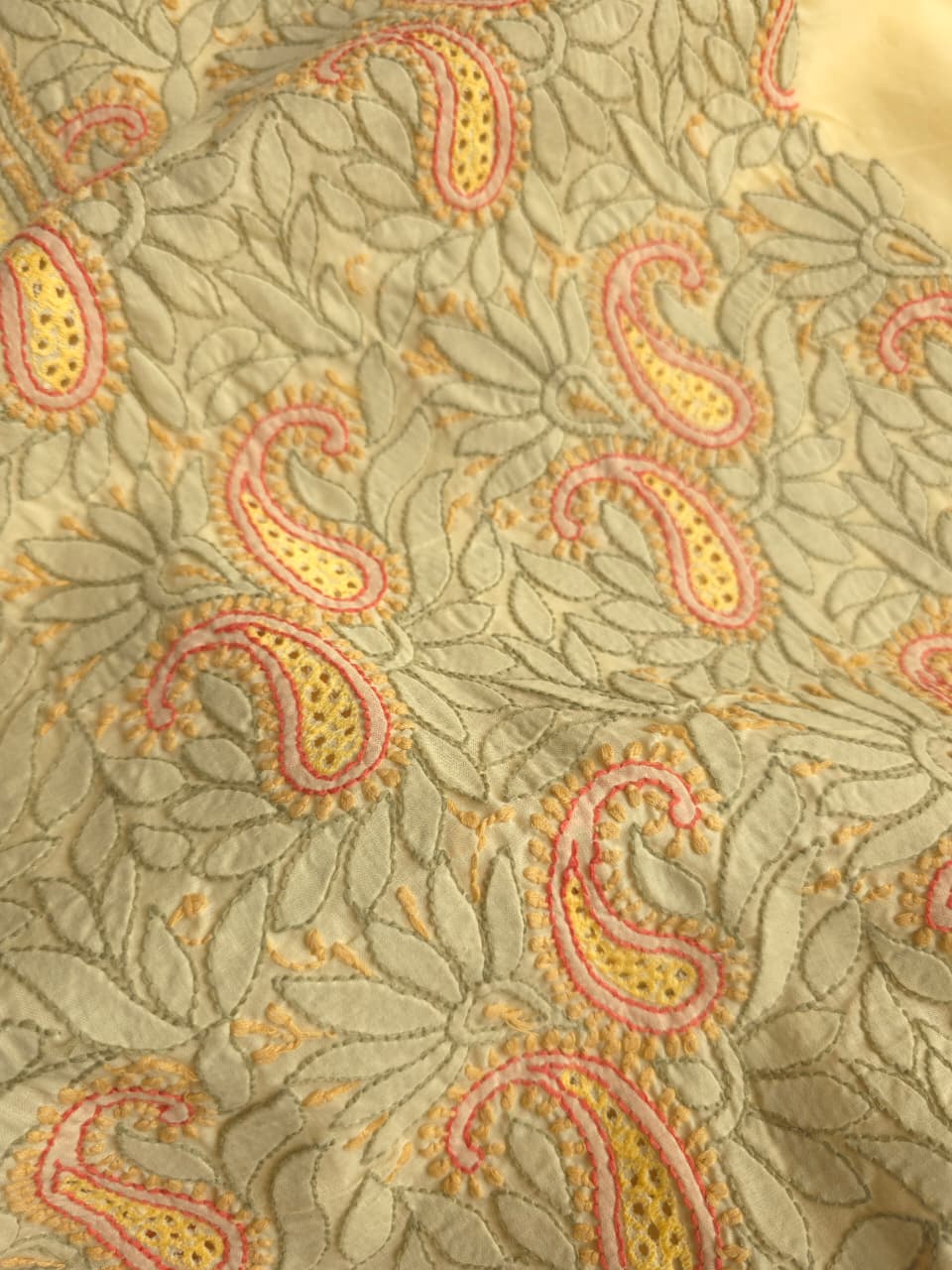 Beige Color cotton designer Suit with contrast chikankri