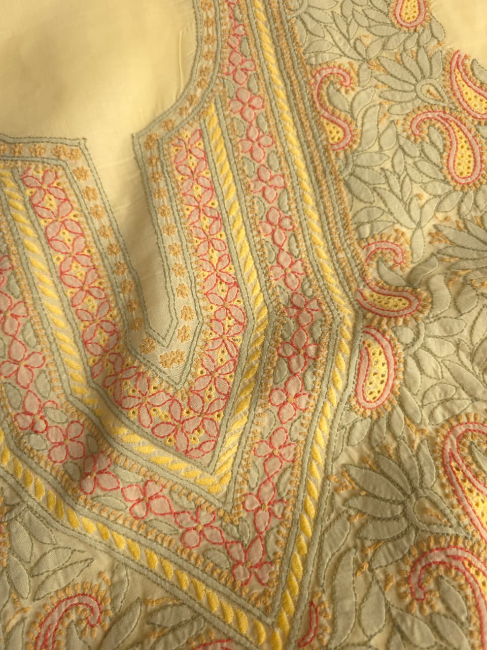Beige Color cotton designer Suit with contrast chikankri