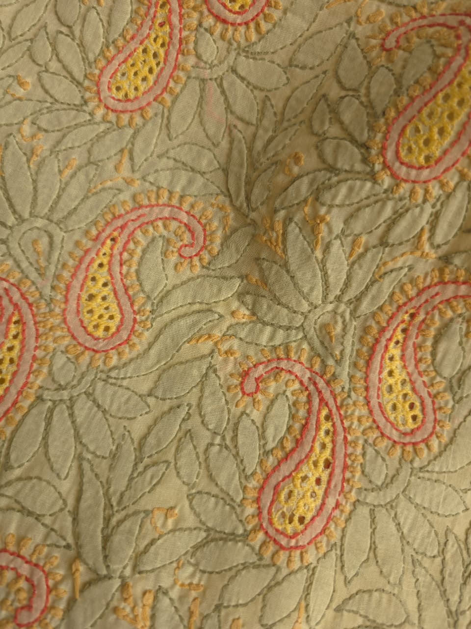 Beige Color cotton designer Suit with contrast chikankri