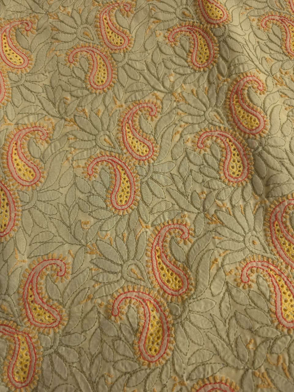Beige Color cotton designer Suit with contrast chikankri