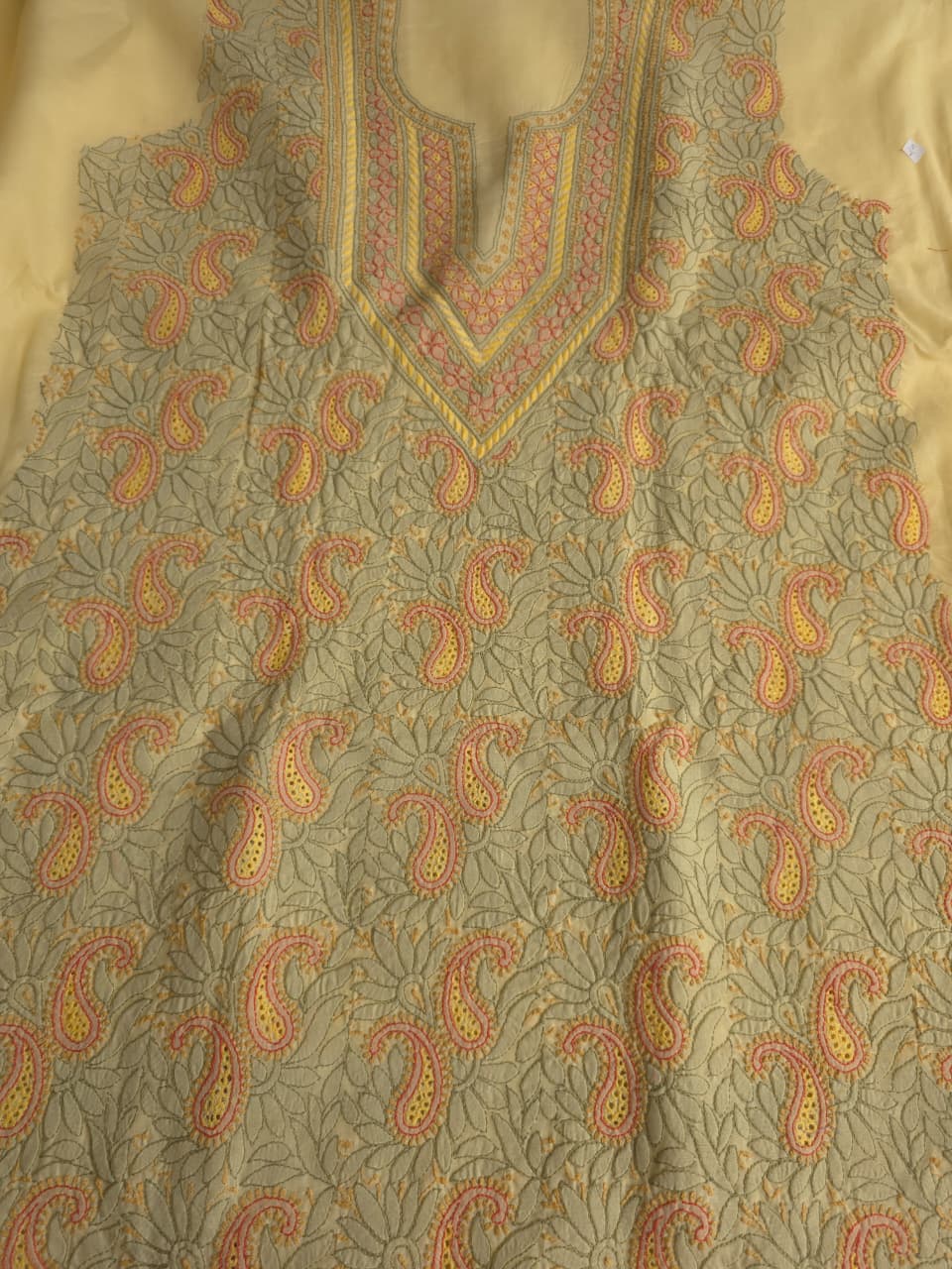 Beige Color cotton designer Suit with contrast chikankri