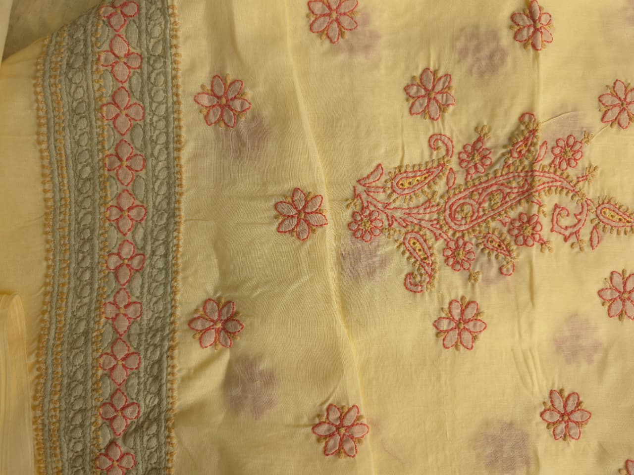 Beige Color cotton designer Suit with contrast chikankri