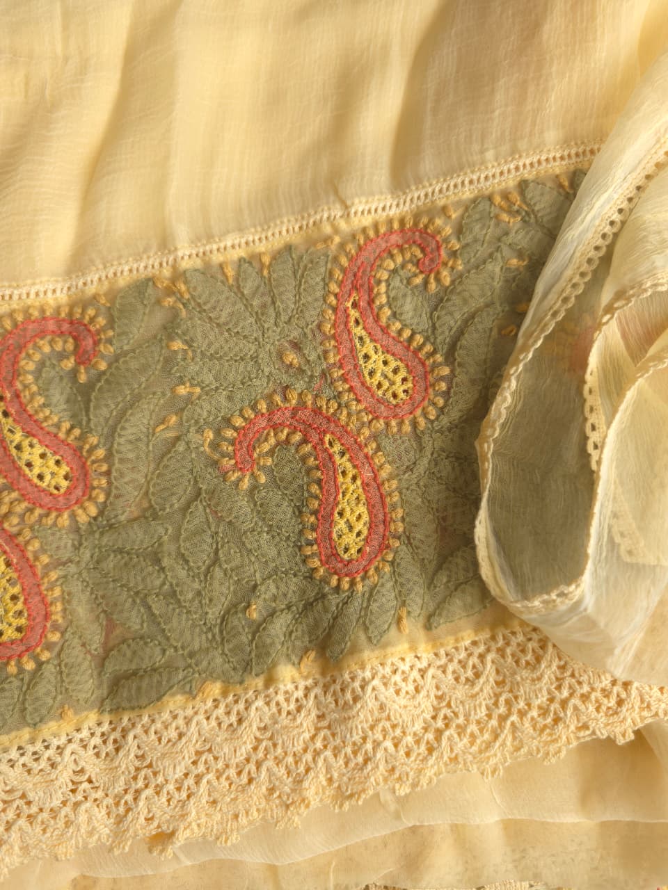 Beige Color cotton designer Suit with contrast chikankri