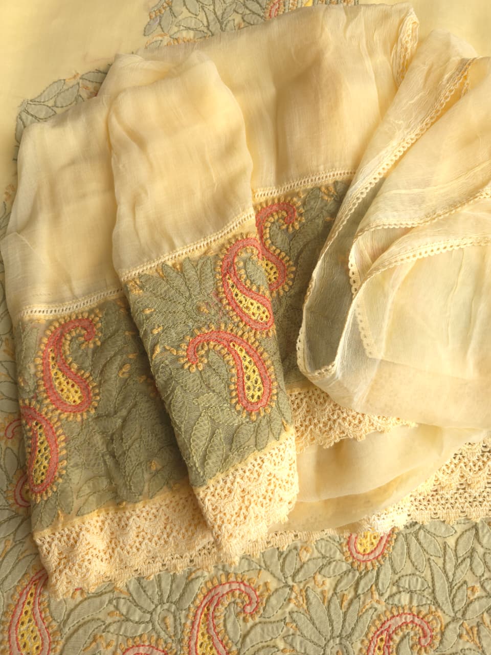 Beige Color cotton designer Suit with contrast chikankri