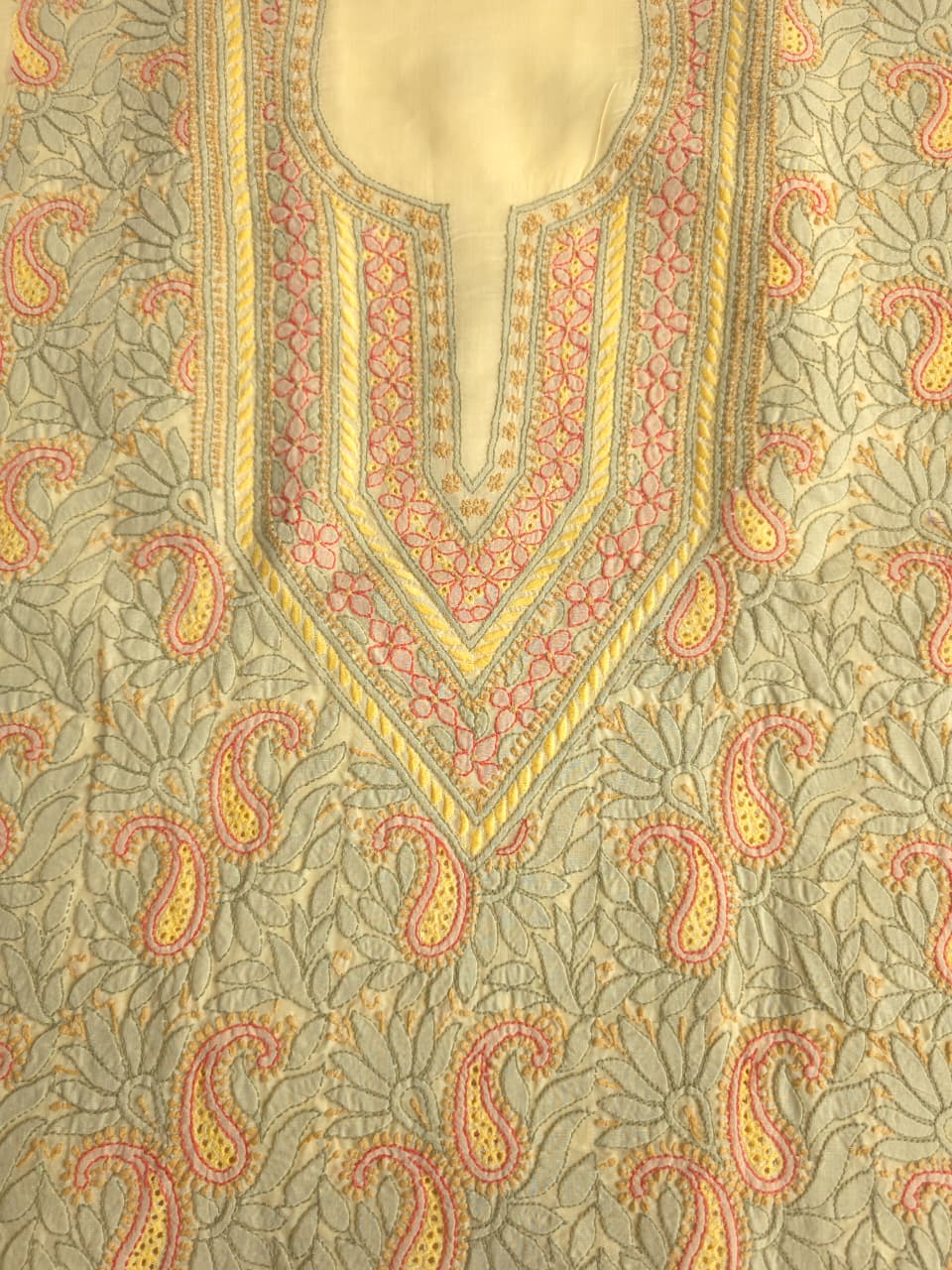 Beige Color cotton designer Suit with contrast chikankri