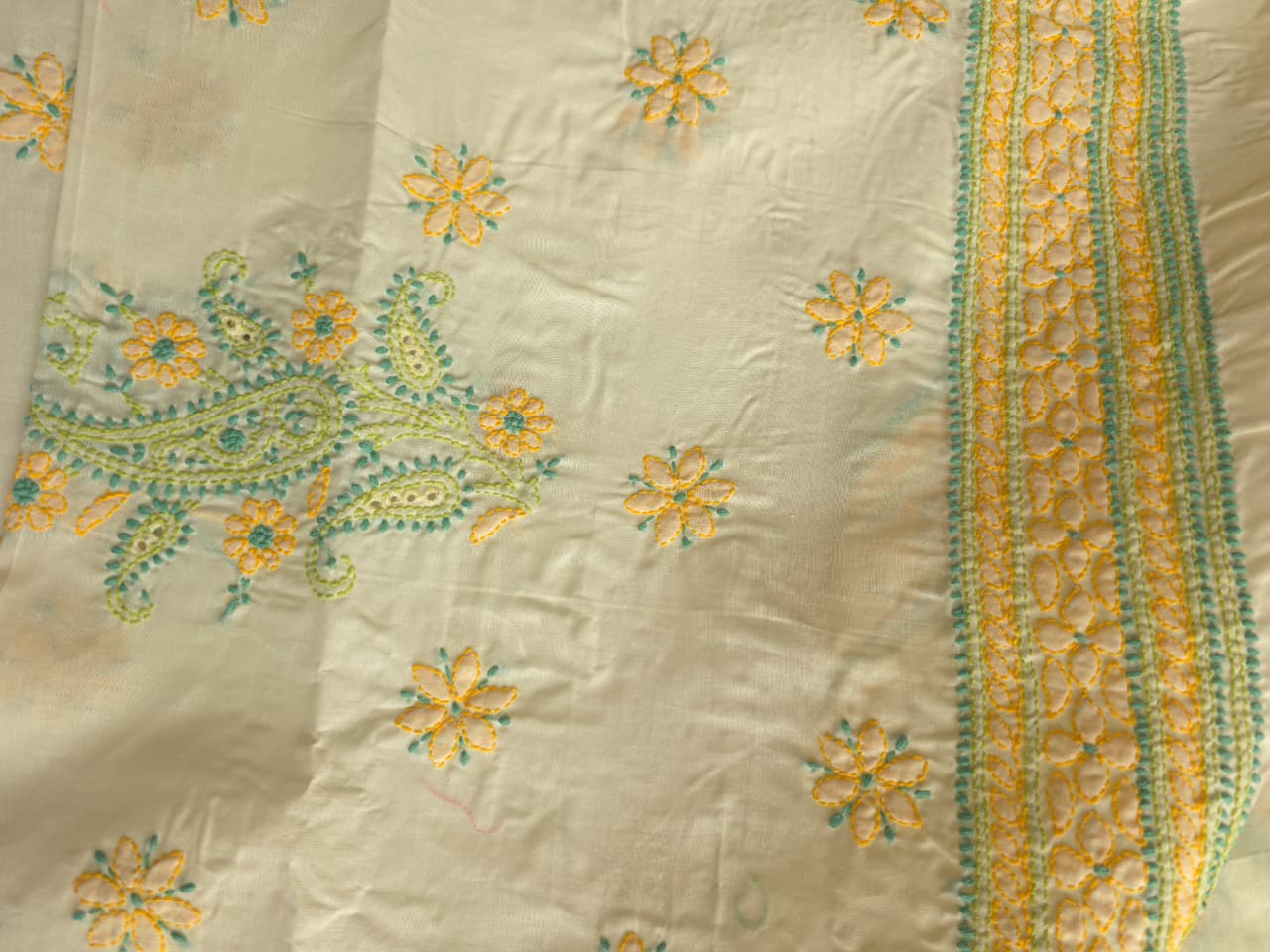 Creamy Lemon Color cotton suit with Contrast chikankari