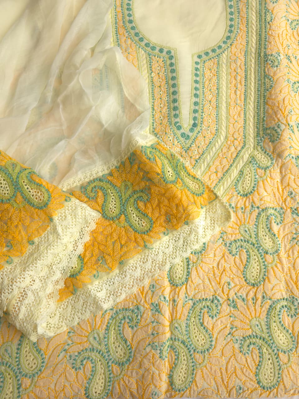 Creamy Lemon Color cotton suit with Contrast chikankari