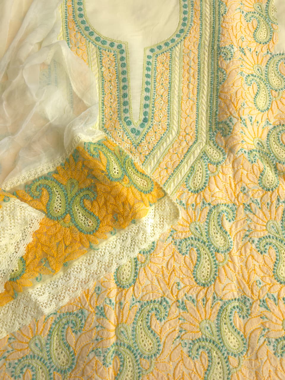 Creamy Lemon Color cotton suit with Contrast chikankari